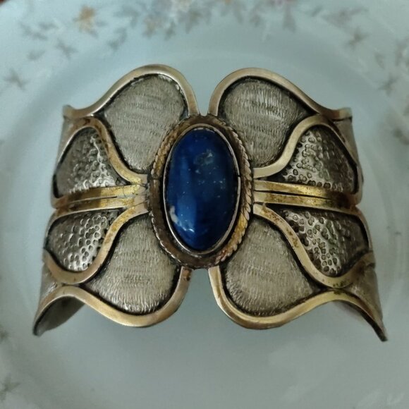 Vintage 1980s MORITA GIL Chile Mixed Metal & Lapis Lazuli Designer Bracelet 925 - Picture 10 of 10